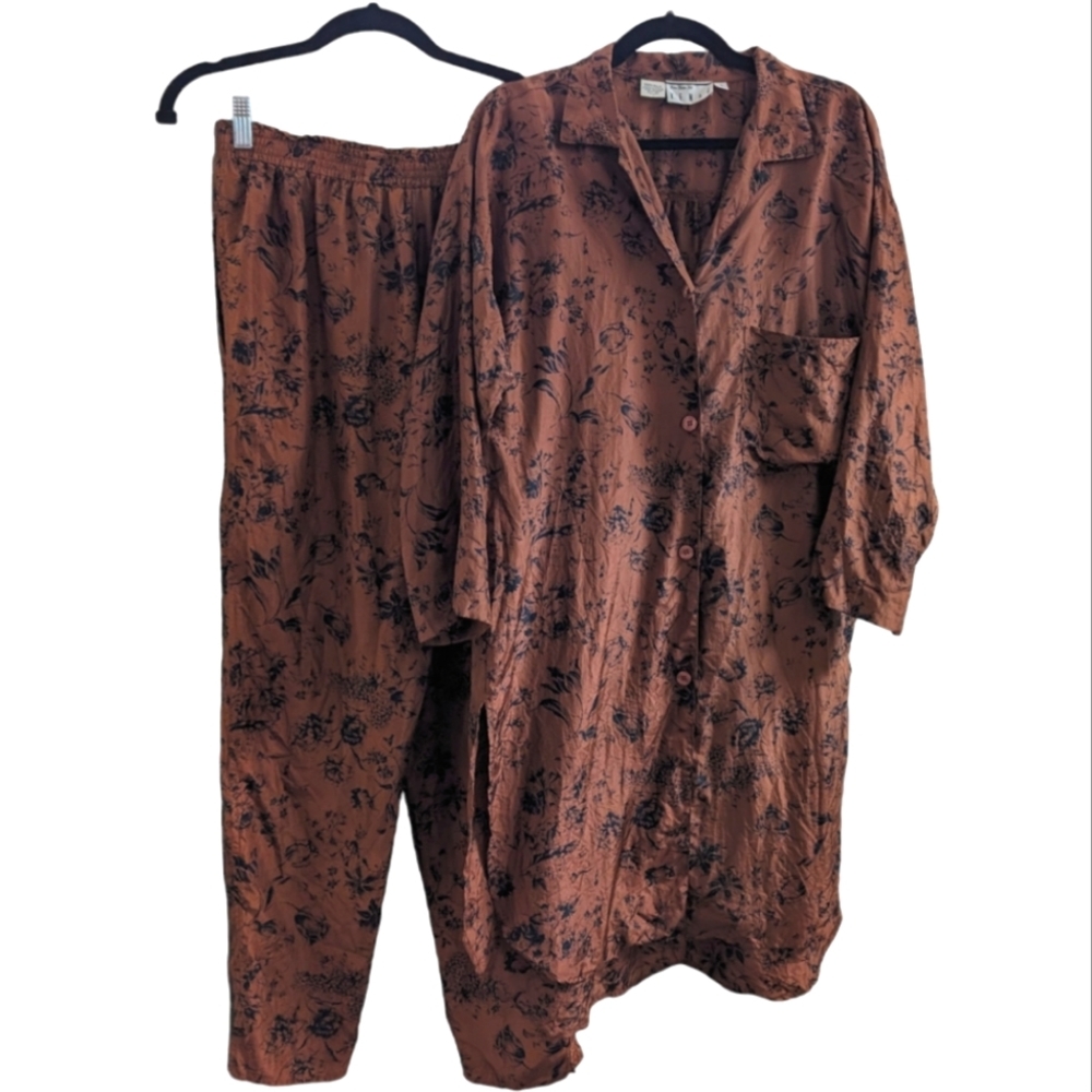 Kenar Women's Rust Floral Sleep Set - Long Button Shirt & Pants